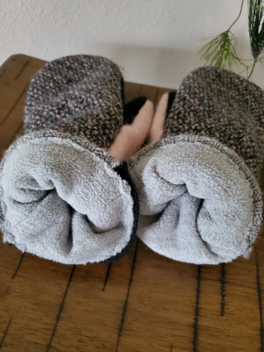 Upcycled Tweed Wool Mittens Flannel Lined Gray Pink Black Cozy Handmade